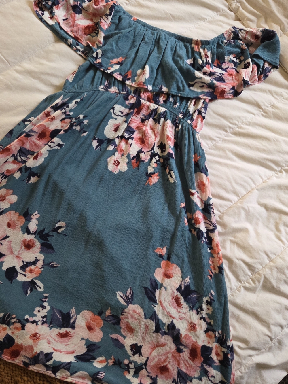 Haute Monde Teal Off The Shoulder Floral Summer Dress with Pink & White Blooms